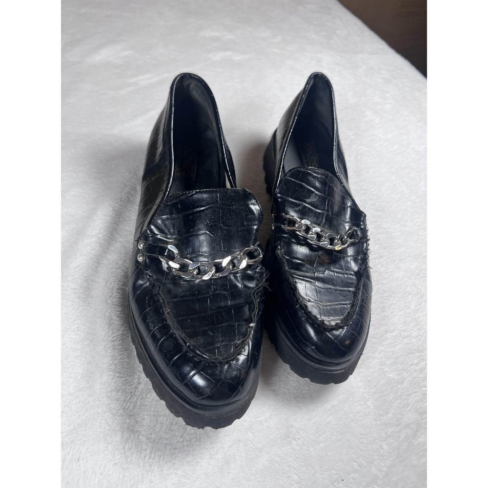 Jones New York Loafers Womens Size 8.5 Black Faux Croc Chain Lug Sole Slip On